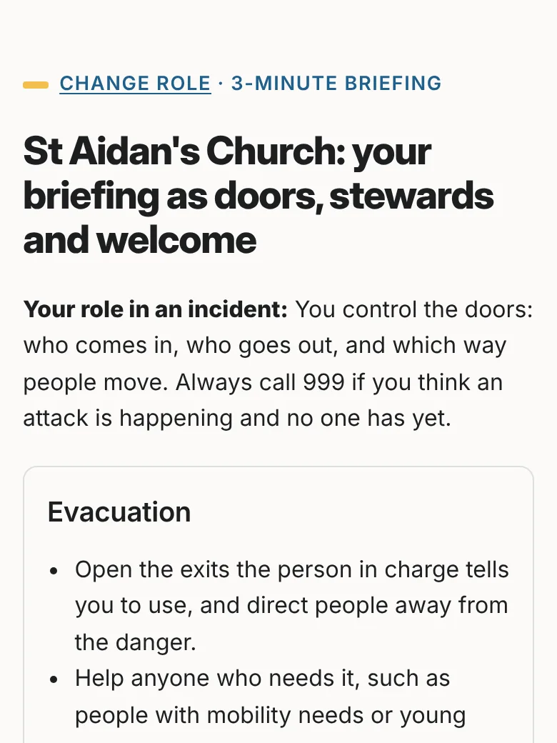 A steward's role briefing on a phone